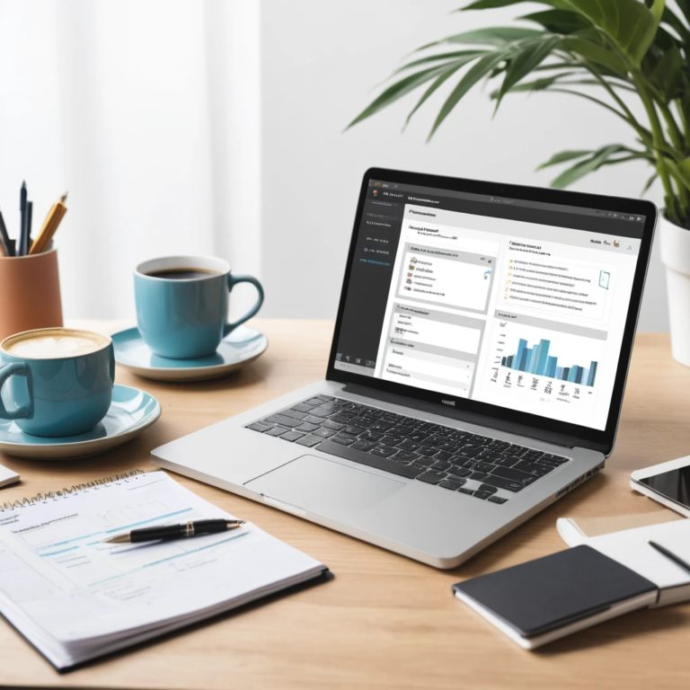 Un espacio de trabajo productivo para un creador de cursos en línea: un escritorio ordenado con una computadora portátil abierta a una plataforma de cursos, junto a ella una lista de verificación resaltada con cinco elementos esenciales de un curso en línea atractivo: transformación clara, beneficios definidos
